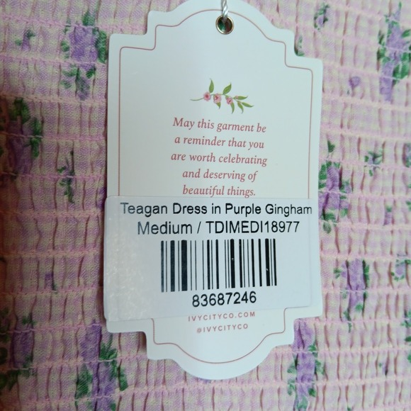 Ivy City Co Teagan Dress M Purple Gingham Floral Smocked Bodice Cottagecore NWT - Picture 7 of 11